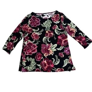 Chicos Travelers Top Heritage Floral 3/4 Sleeve ScoopNeck Tunic Multi-onBlack 12